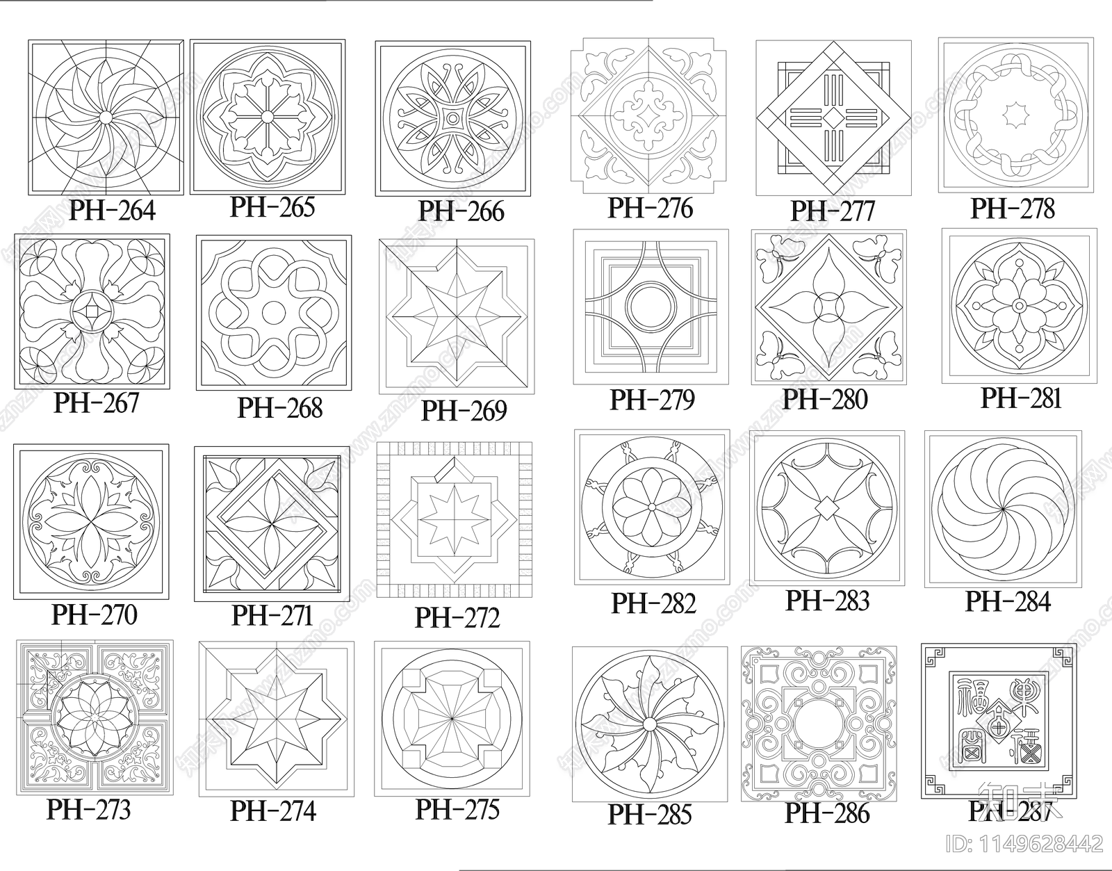 超全新中式地面拼花雕花cad施工图下载【ID:1149628442】