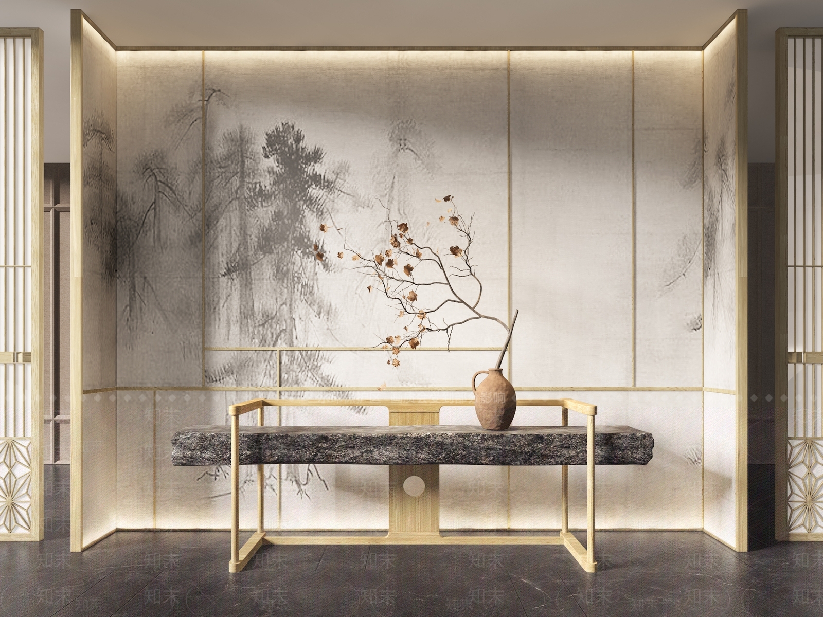 新中式禅意侘寂风端景台盆景屏风组合3D模型下载【ID:1149628534】