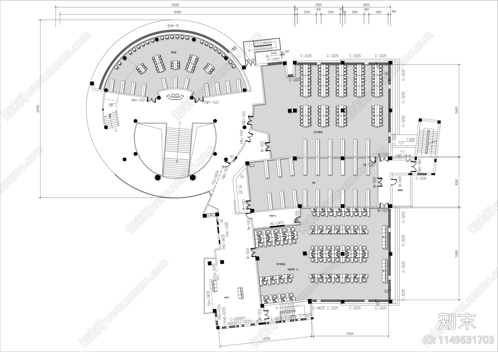 学校图书馆平面布置图cad施工图下载【ID:1149631703】