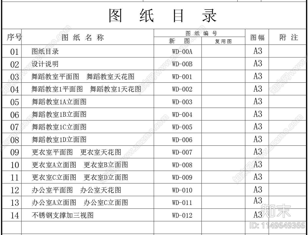 舞蹈教室室内cad施工图下载【ID:1149649366】