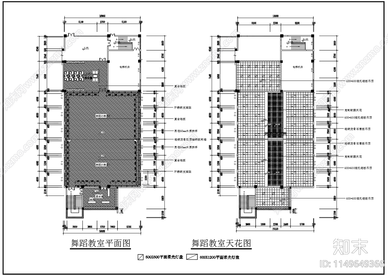 舞蹈教室室内cad施工图下载【ID:1149649366】