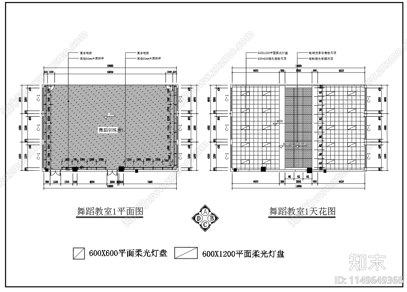 舞蹈教室室内cad施工图下载【ID:1149649366】