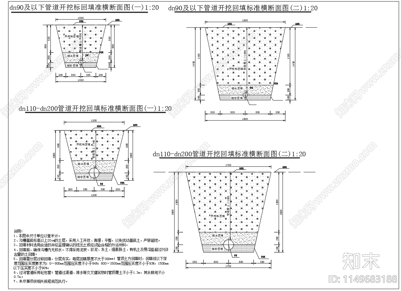 管道开挖回填标准横断面图施工图下载【ID:1149683188】