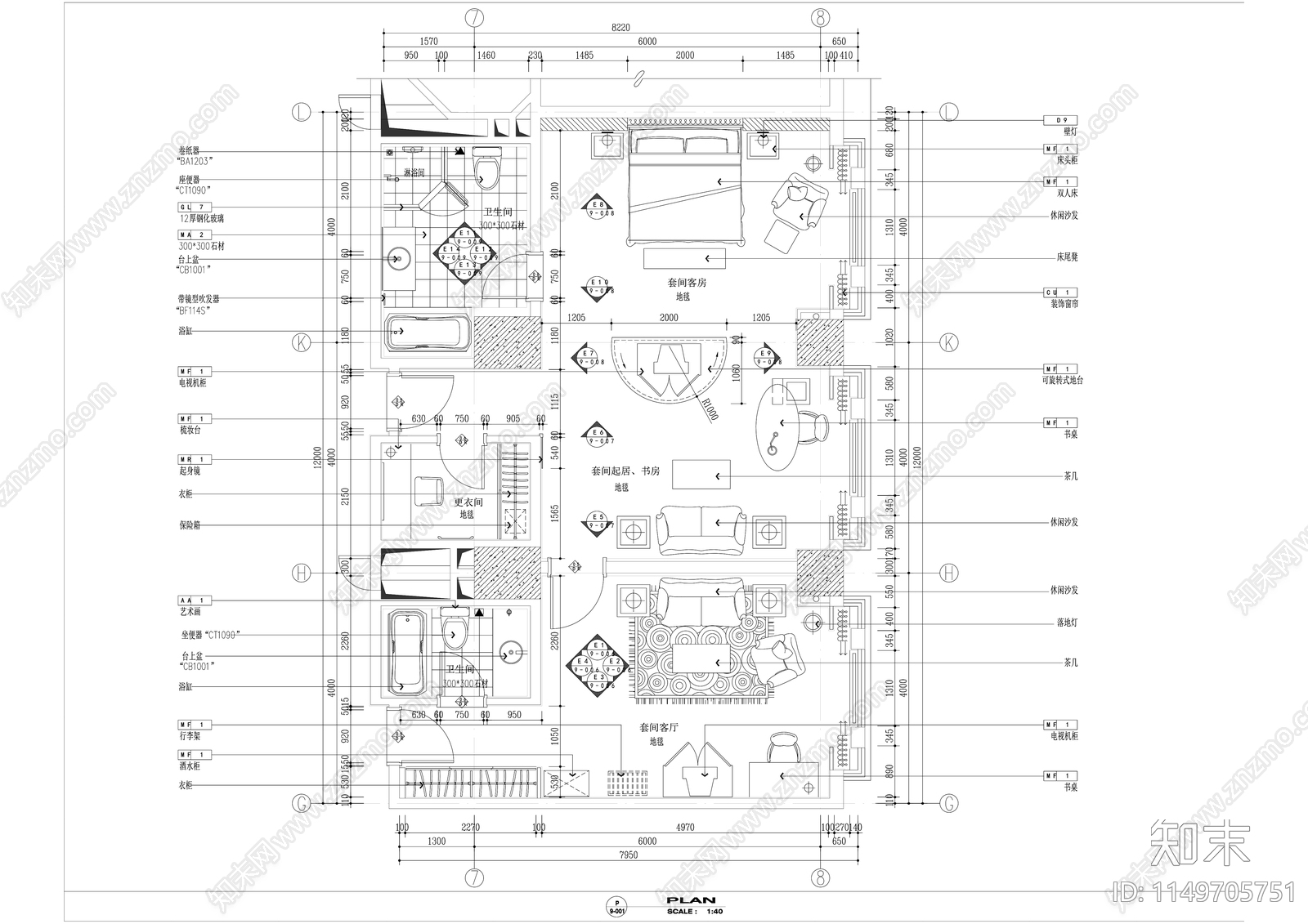 五星级商务酒店标准套间室内cad施工图下载【ID:1149705751】