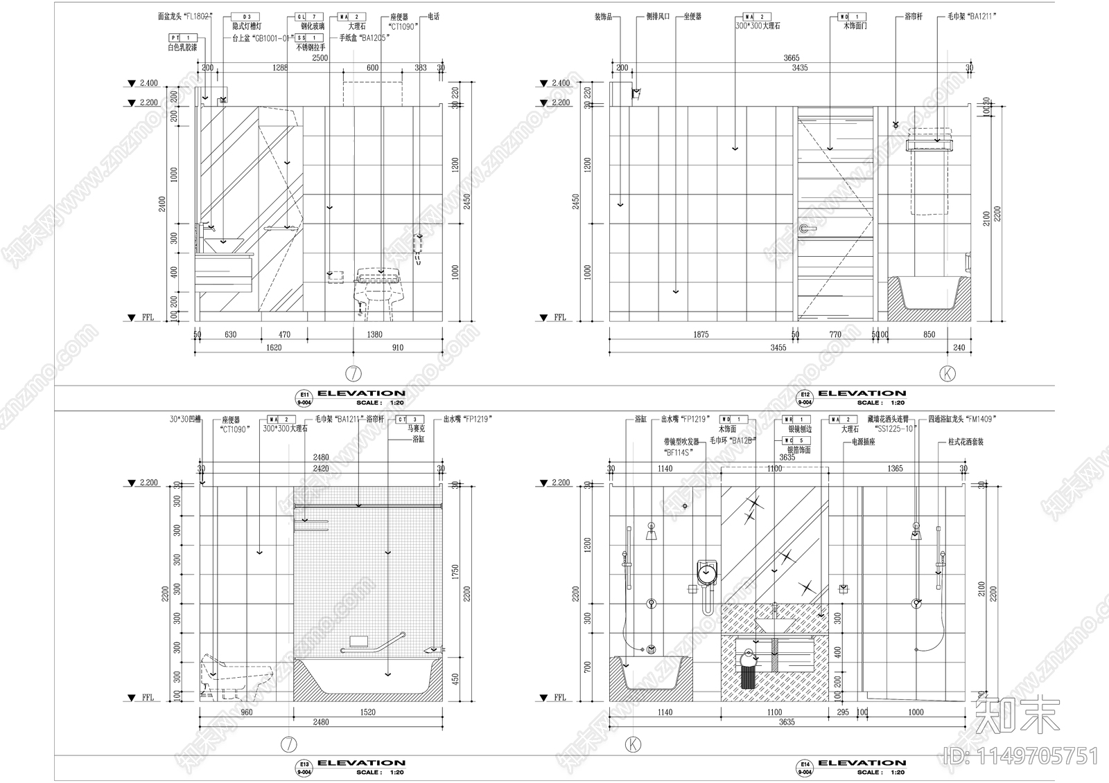 五星级商务酒店标准套间室内cad施工图下载【ID:1149705751】