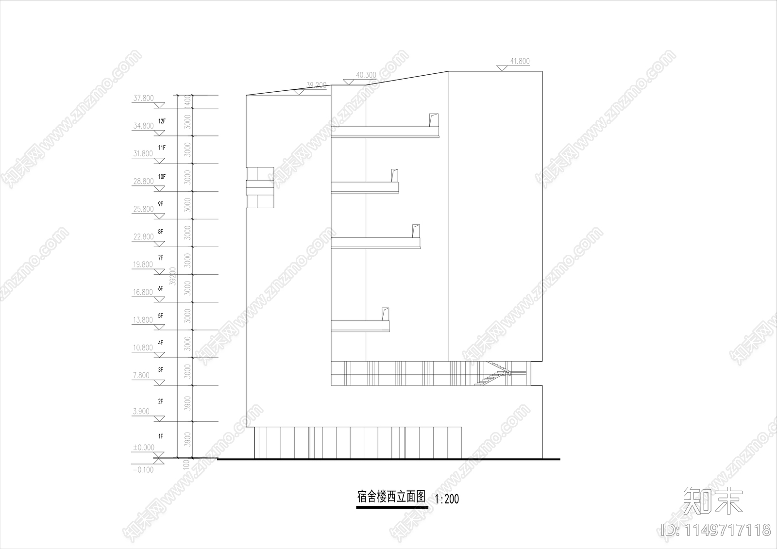 宿舍楼平立剖面图cad施工图下载【ID:1149717118】