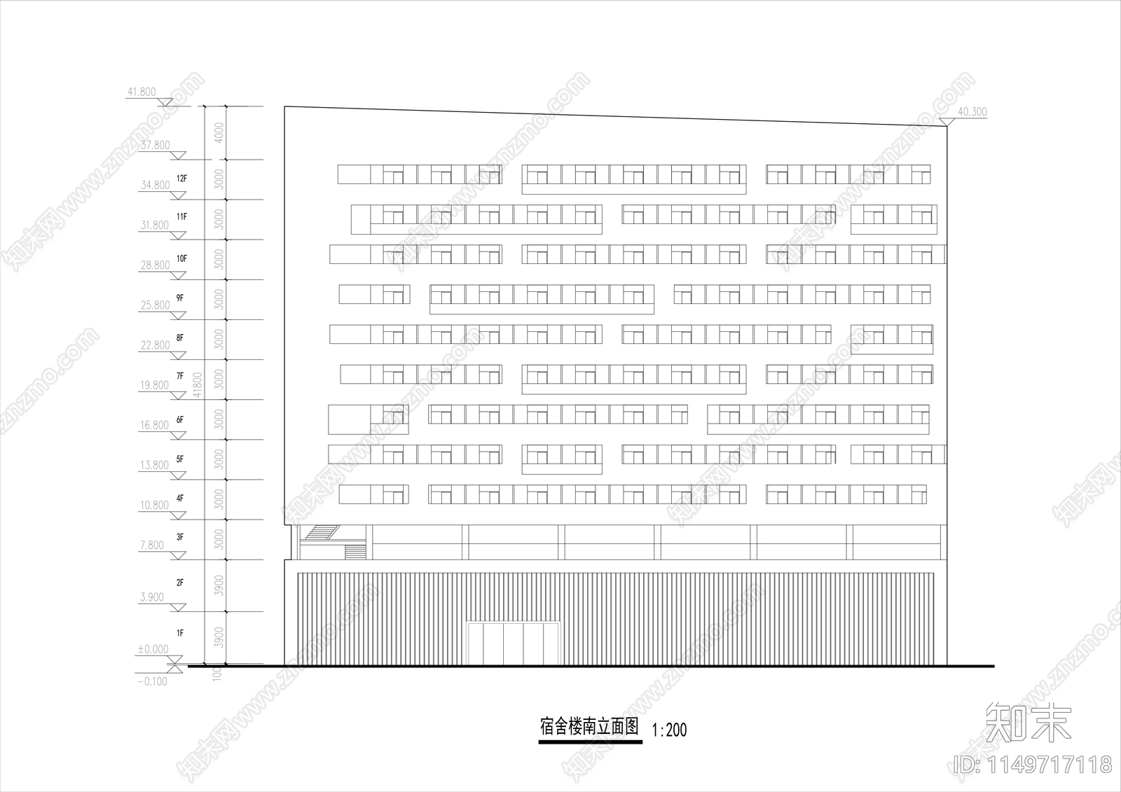 宿舍楼平立剖面图cad施工图下载【ID:1149717118】