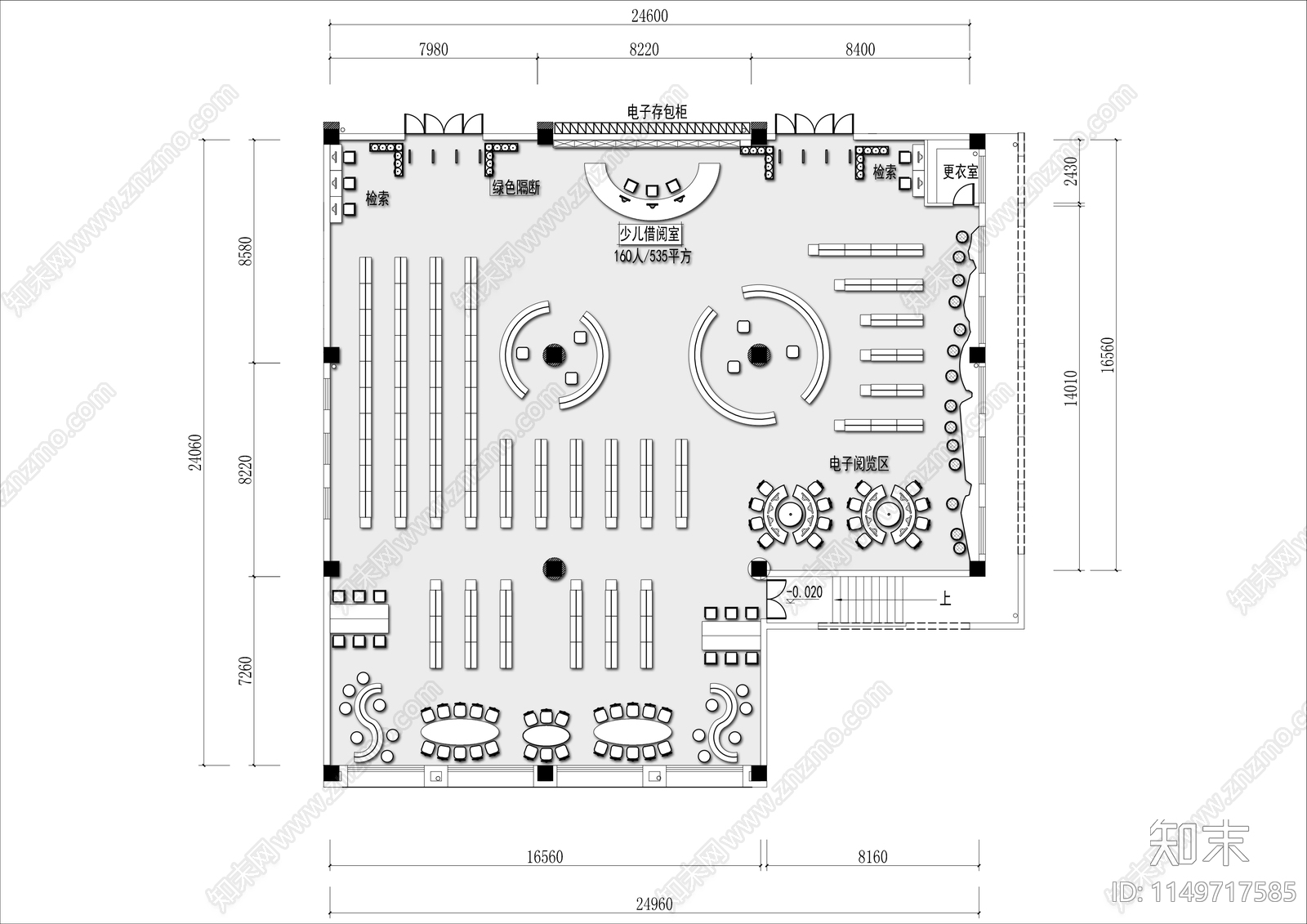 500㎡图书馆平面布置图cad施工图下载【ID:1149717585】