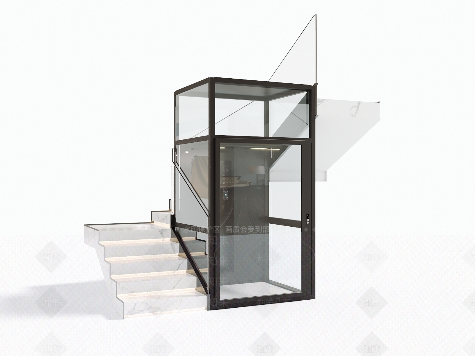 现代别墅楼梯电梯组合3D模型下载【ID:1149733945】