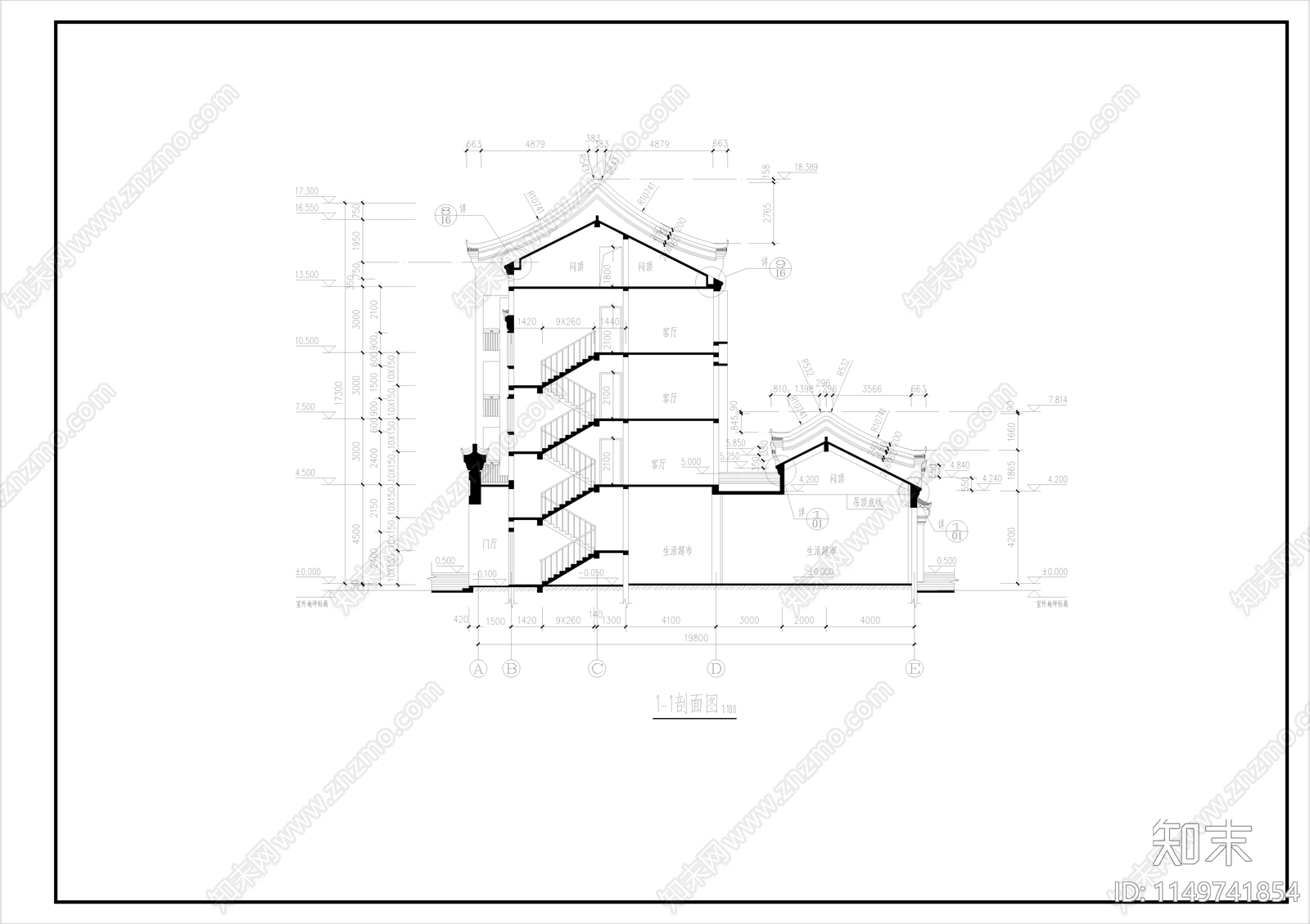 仿古建筑cad施工图下载【ID:1149741854】