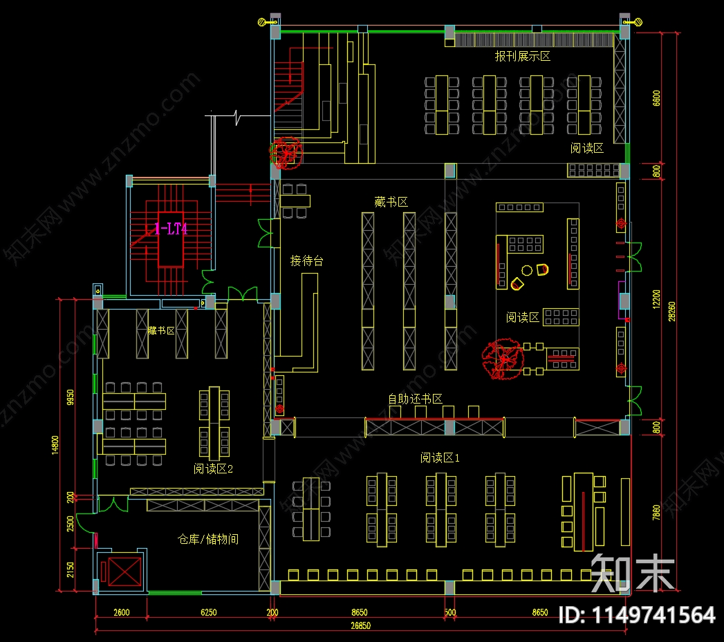 图书馆平面图cad施工图下载【ID:1149741564】