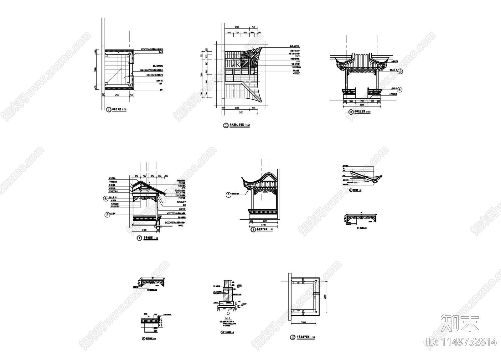 古建半亭详图cad施工图下载【ID:1149752814】