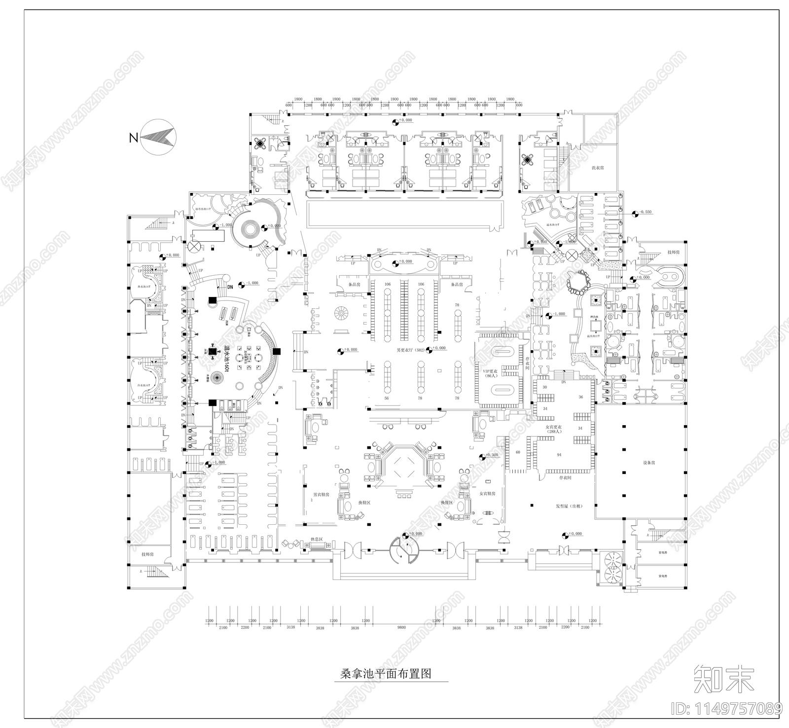 四层洗浴会所中心室内cad施工图下载【ID:1149757089】