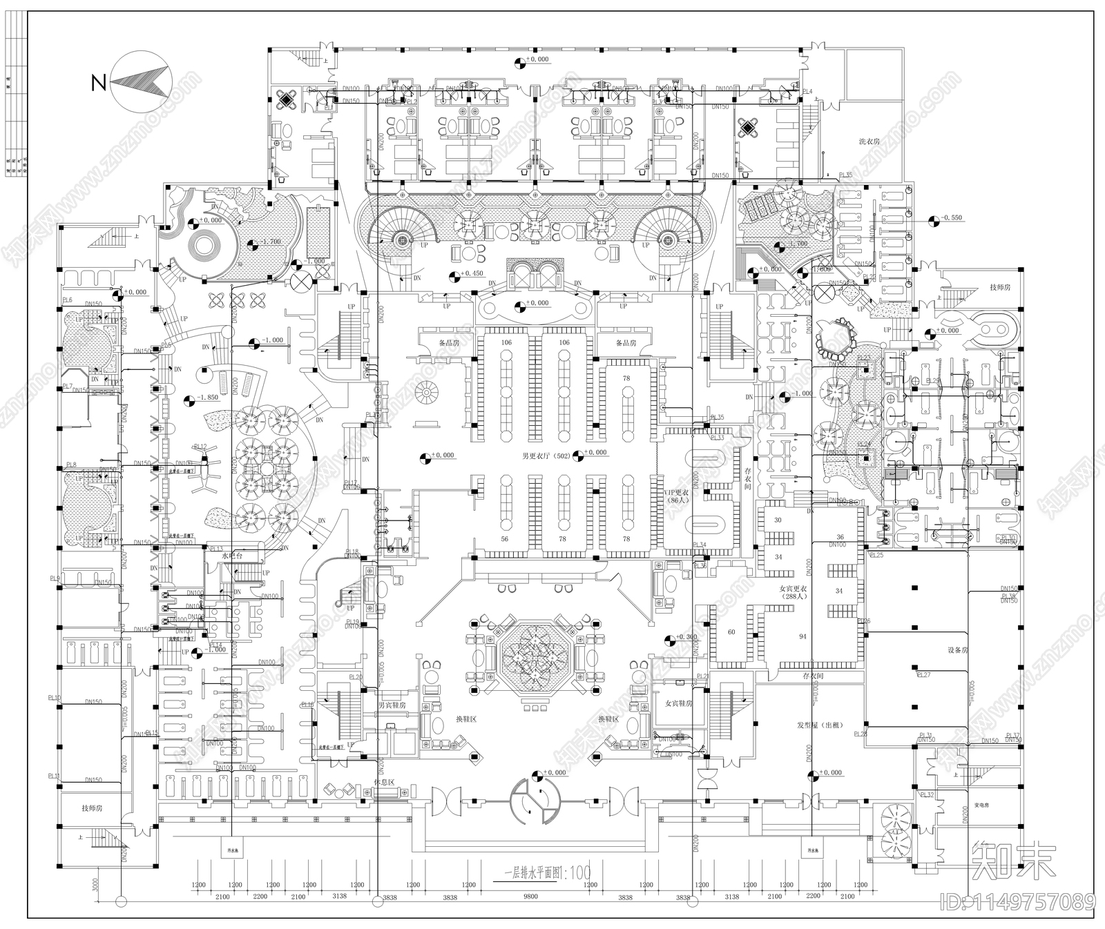 四层洗浴会所中心室内施工图下载【ID:1149757089】