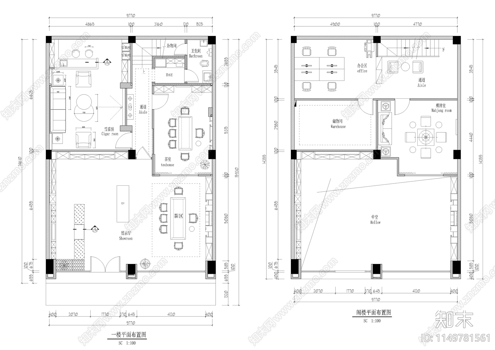 商行会所平面图cad施工图下载【ID:1149781561】