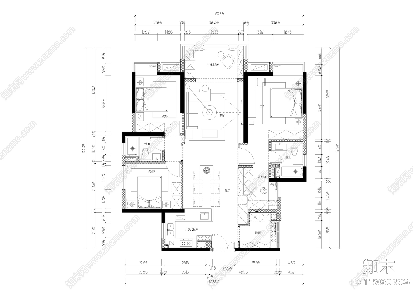 兰溪谷现代极简风格家装平层cad施工图下载【ID:1150805504】