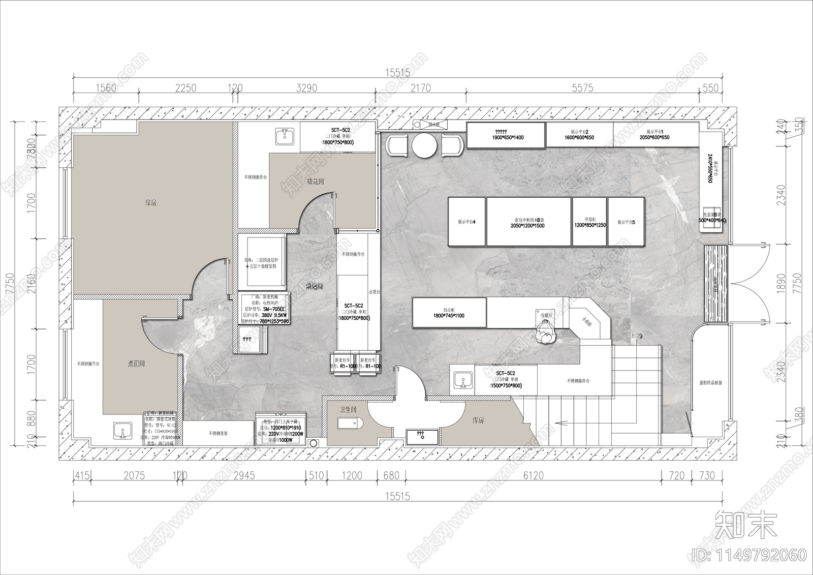 120㎡面包烘焙店平面布置图施工图下载【ID:1149792060】