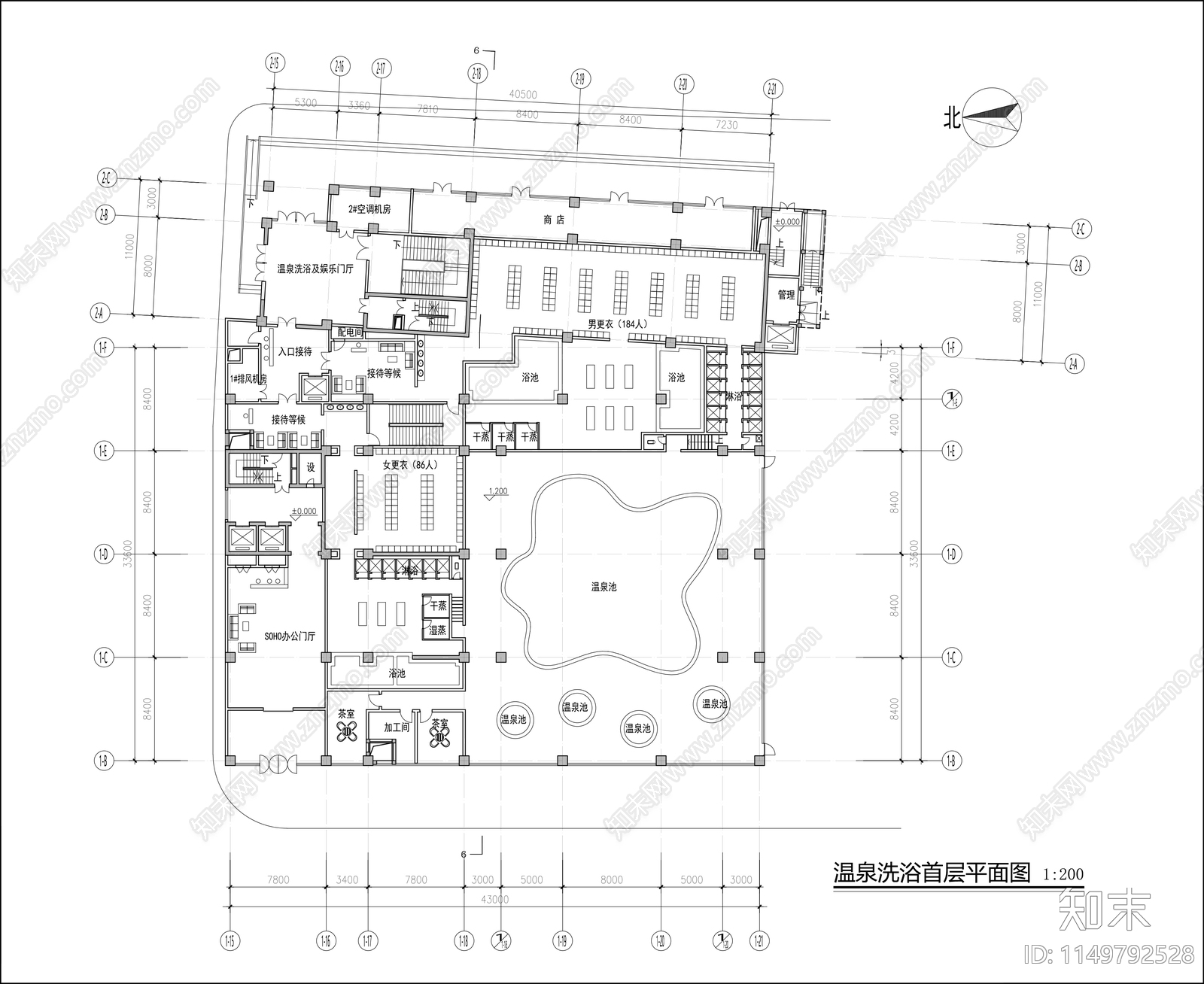 洗浴中心平面布置图cad施工图下载【ID:1149792528】