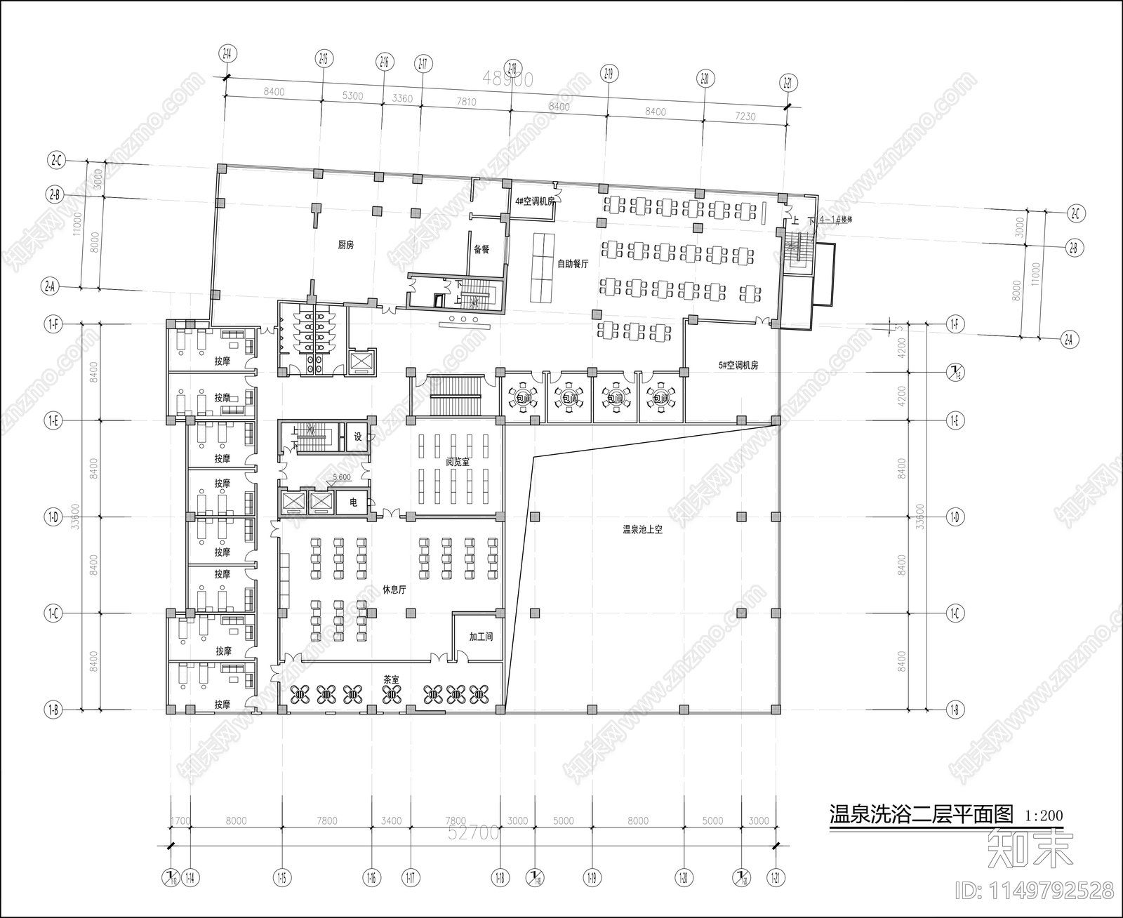 洗浴中心平面布置图cad施工图下载【ID:1149792528】