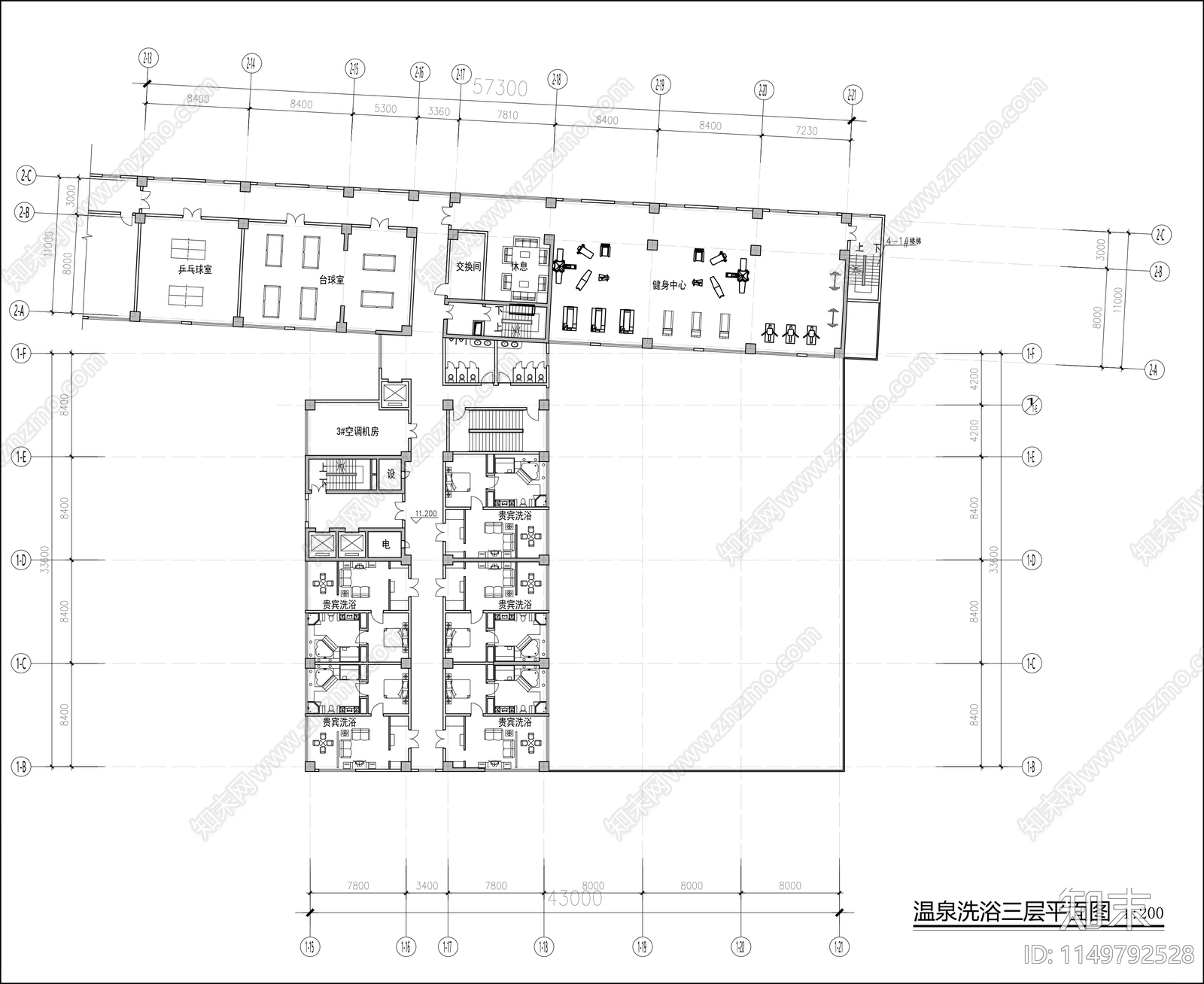 洗浴中心平面布置图cad施工图下载【ID:1149792528】