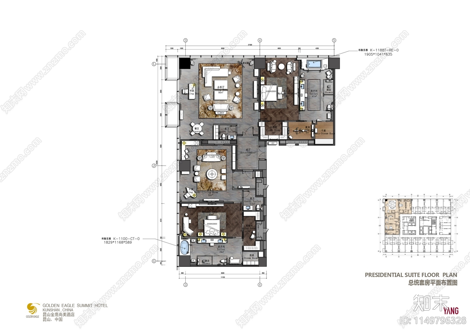 五星级酒店豪华总统套房平面图cad施工图下载【ID:1149796328】
