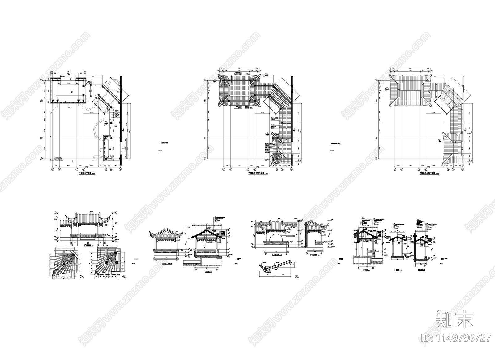 中式景观亭廊cad施工图下载【ID:1149796727】