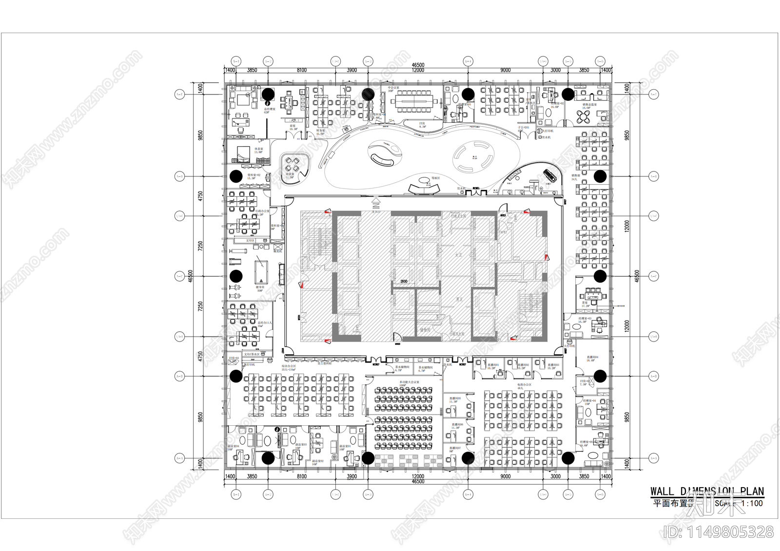 2000平办公室平面施工图cad施工图下载【ID:1149805328】