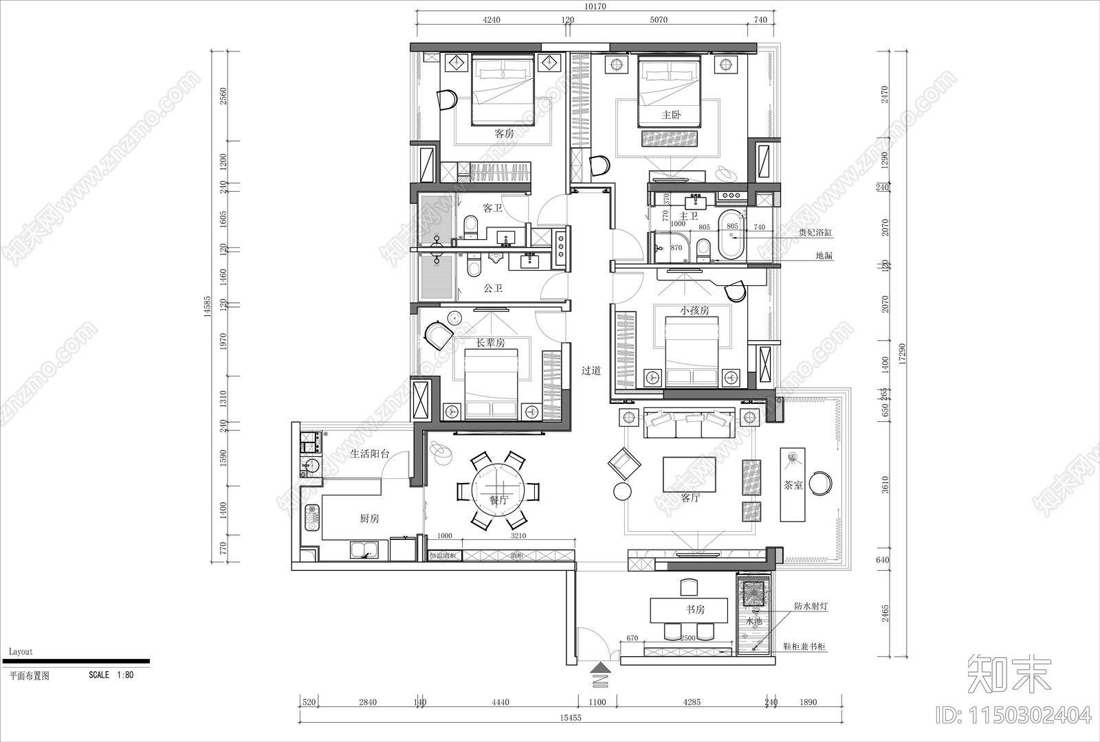 大平层室内cad施工图下载【ID:1150302404】