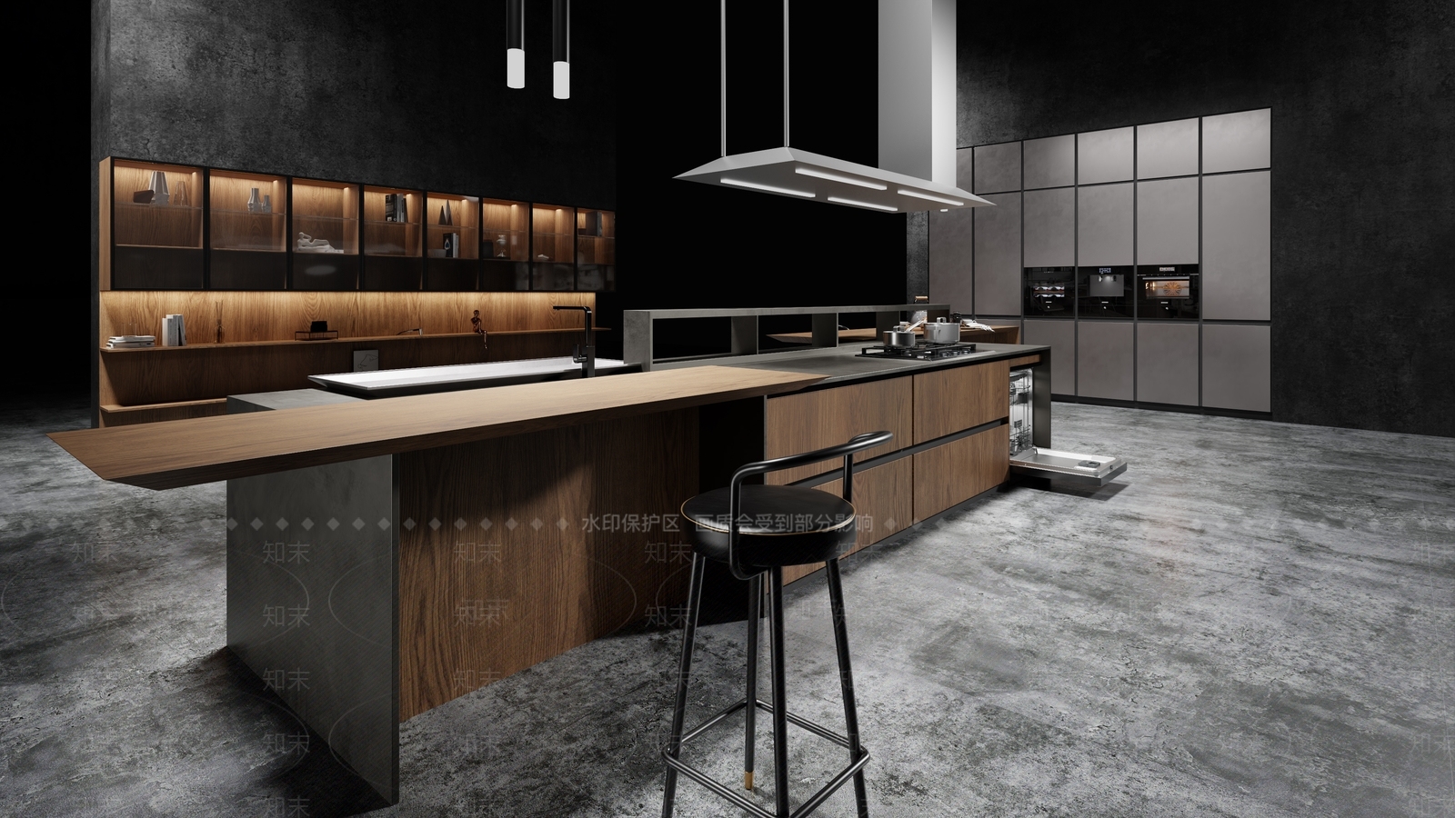 现代工业风开放式厨房橱柜展厅3D模型下载【ID:1149823115】_知末3d模型网