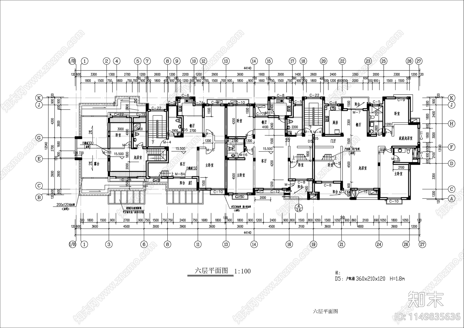 6层中住宅楼建筑cad施工图下载【ID:1149835636】