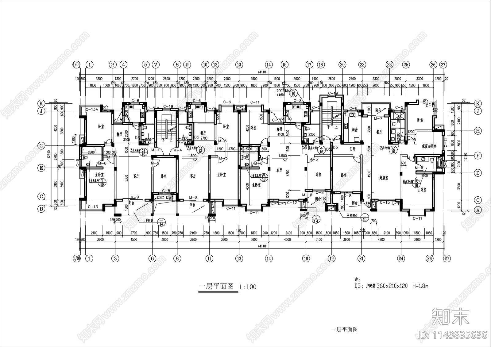 6层中住宅楼建筑cad施工图下载【ID:1149835636】