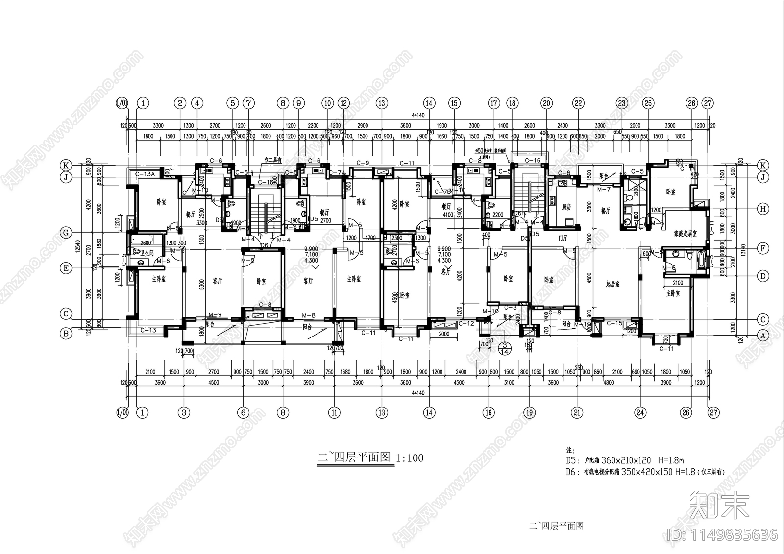 6层中住宅楼建筑cad施工图下载【ID:1149835636】