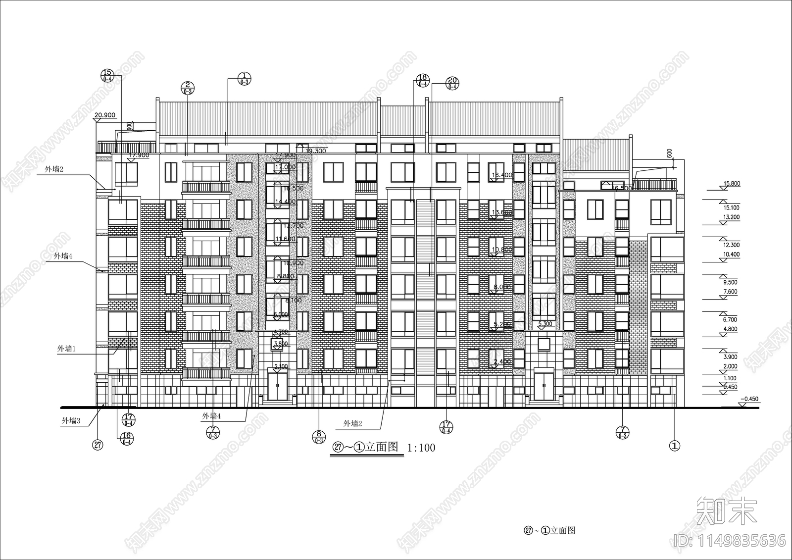 6层中住宅楼建筑cad施工图下载【ID:1149835636】