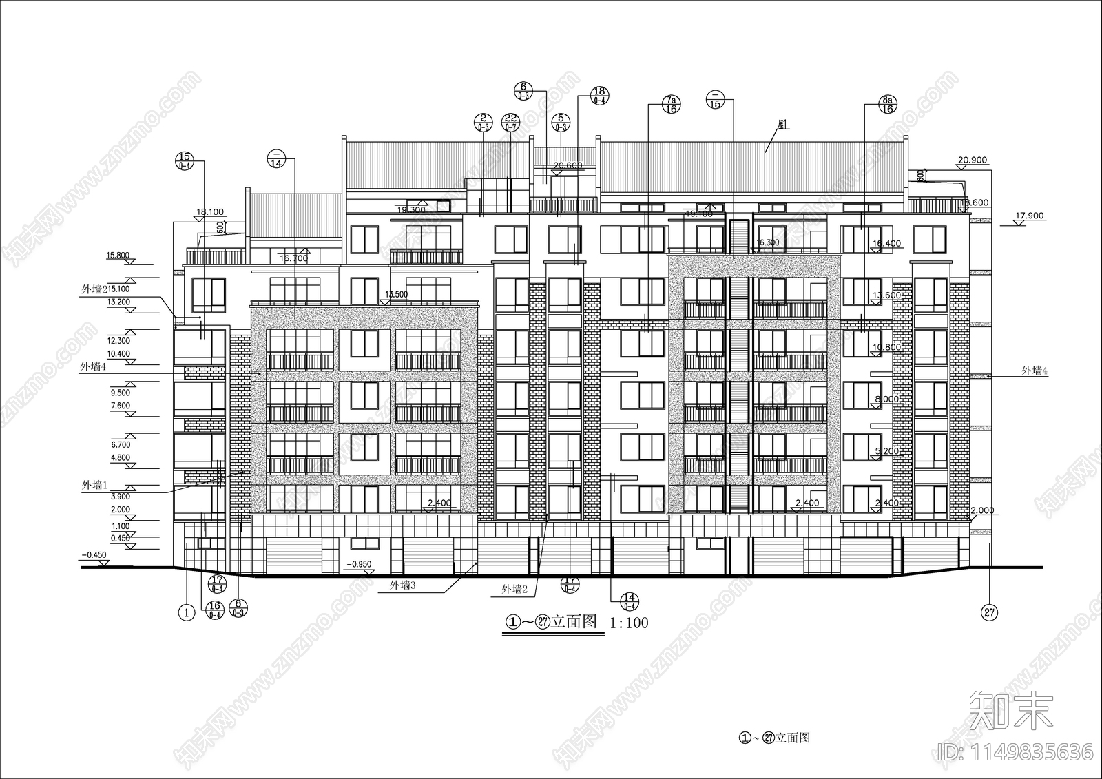 6层中住宅楼建筑cad施工图下载【ID:1149835636】