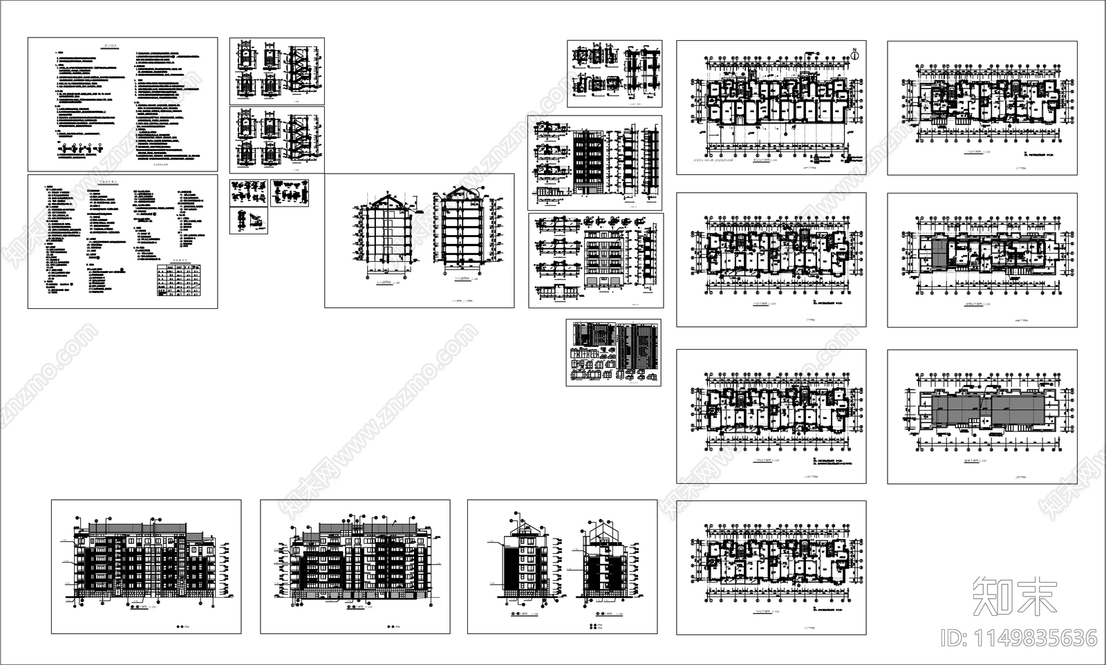 6层中住宅楼建筑cad施工图下载【ID:1149835636】