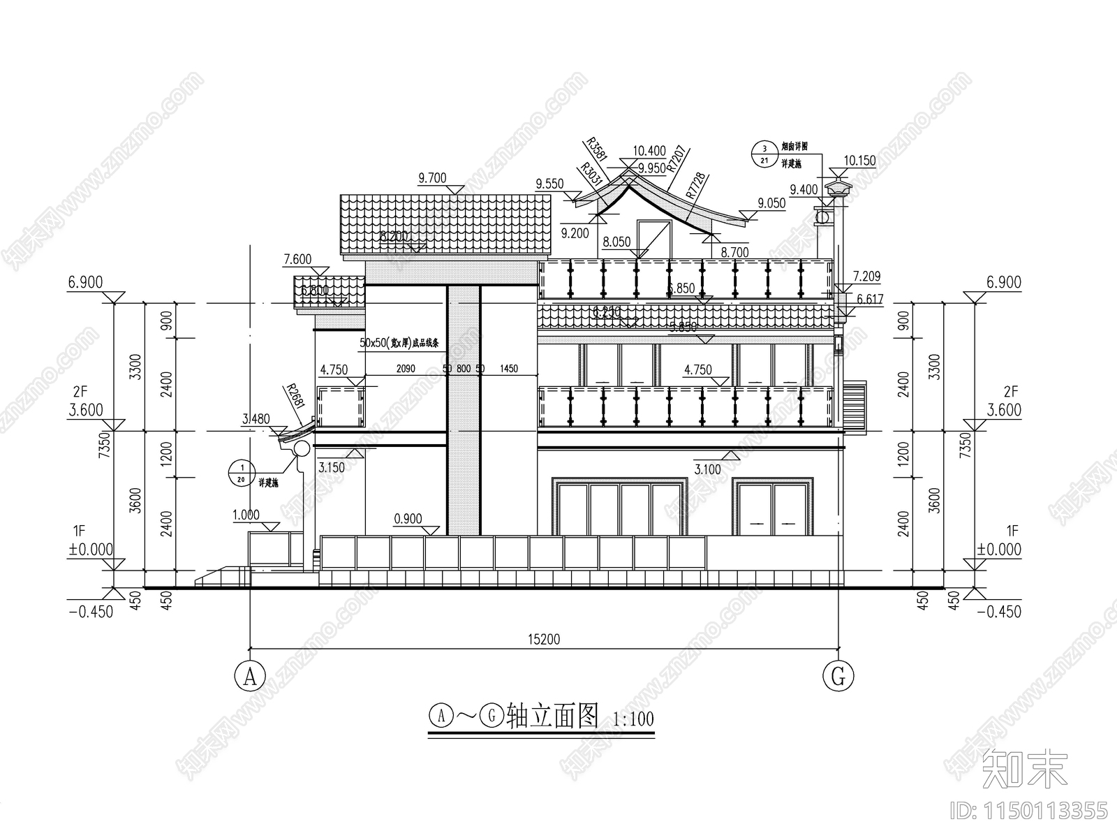 中式独栋别墅建筑cad施工图下载【ID:1150113355】