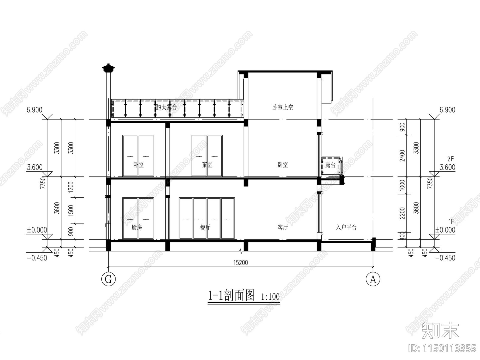 中式独栋别墅建筑cad施工图下载【ID:1150113355】