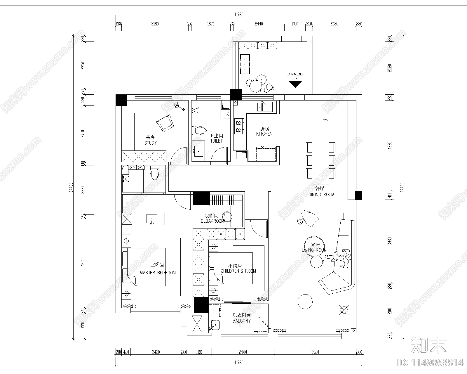 平层室内cad施工图下载【ID:1149863814】