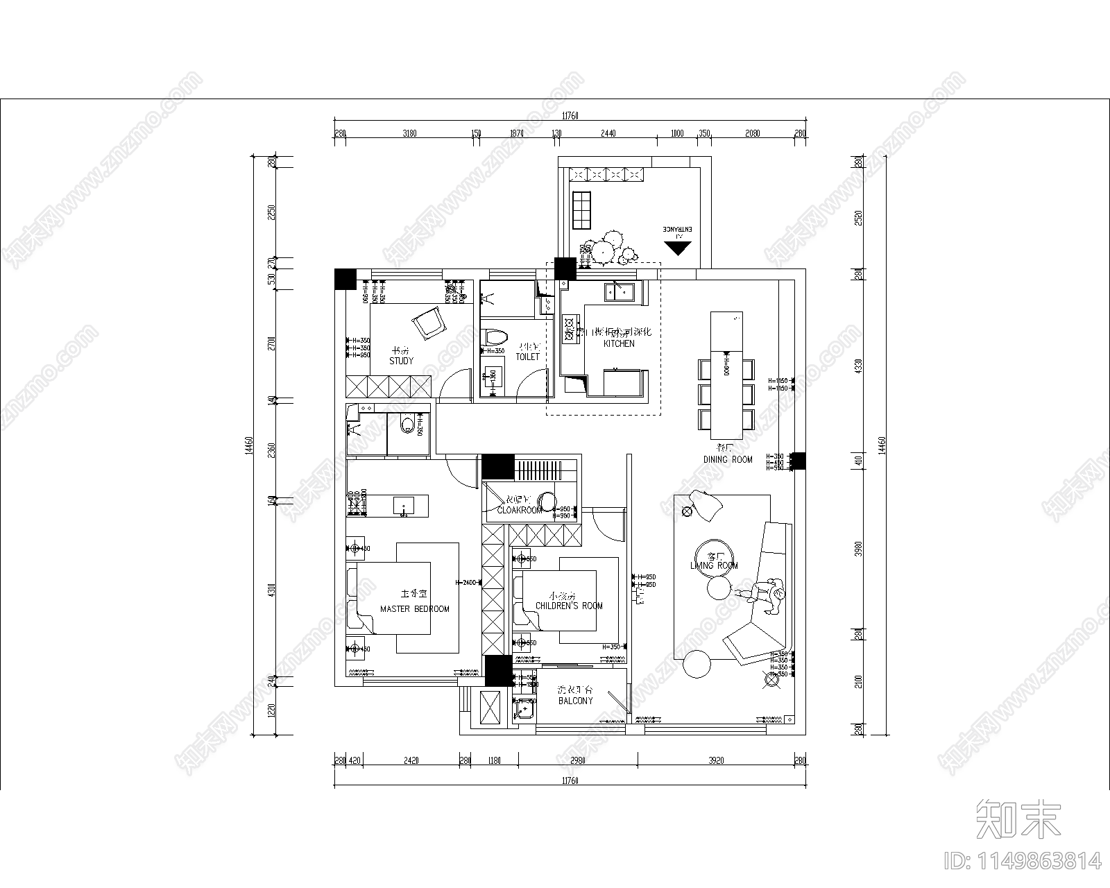 平层室内cad施工图下载【ID:1149863814】