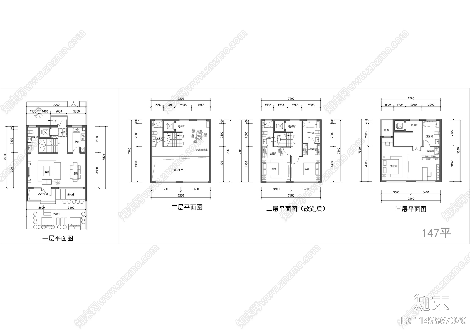 147平三层别墅室内平面cad施工图下载【ID:1149867020】