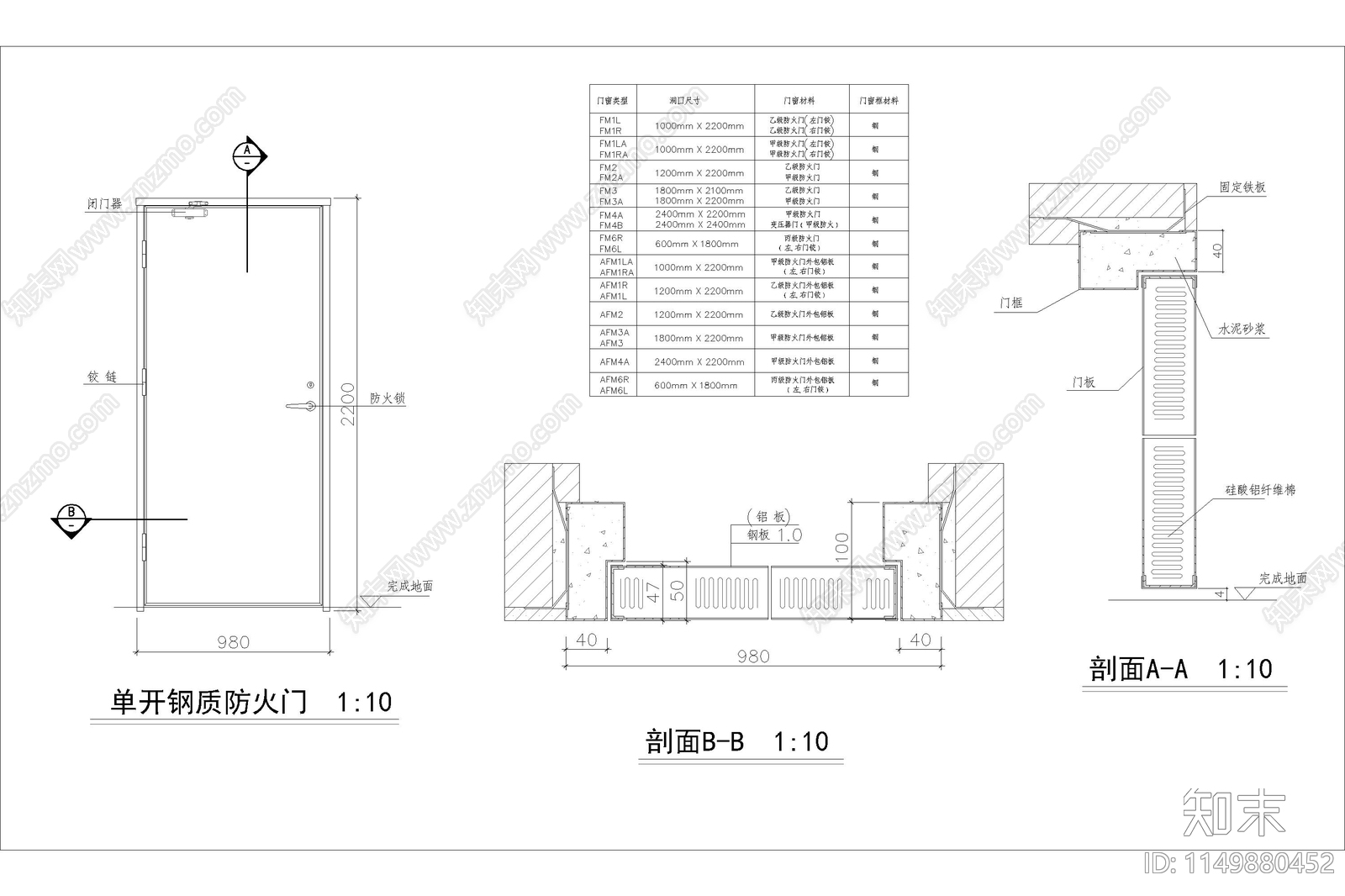单开钢质玻璃钢防火门节点cad施工图下载【ID:1149880452】
