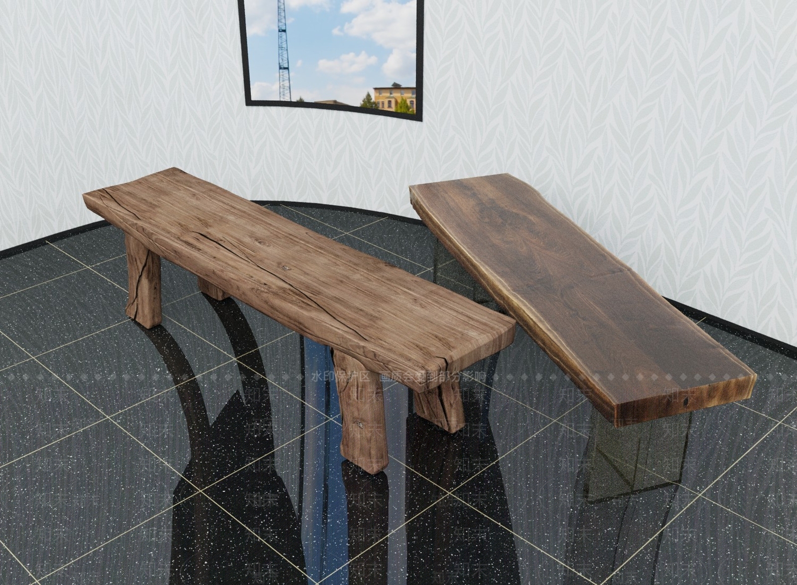 现代木质长凳板凳3D模型下载【ID:1149892545】