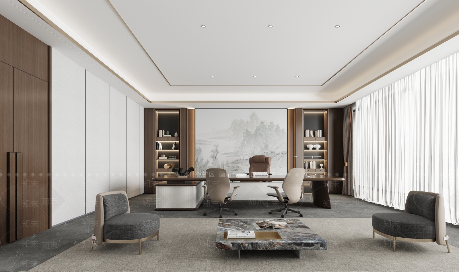 新中式办公室3D模型下载【ID:1149893592】_知末3d模型网