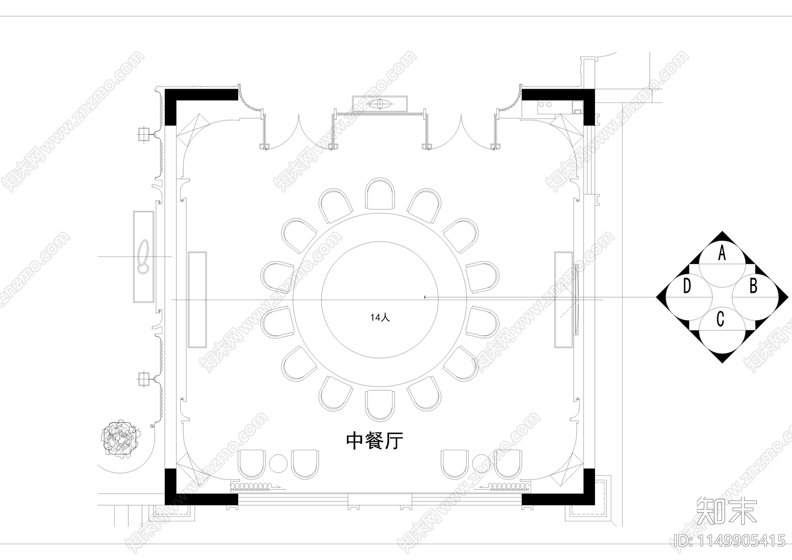 餐厅室内平立面cad施工图下载【ID:1149905415】