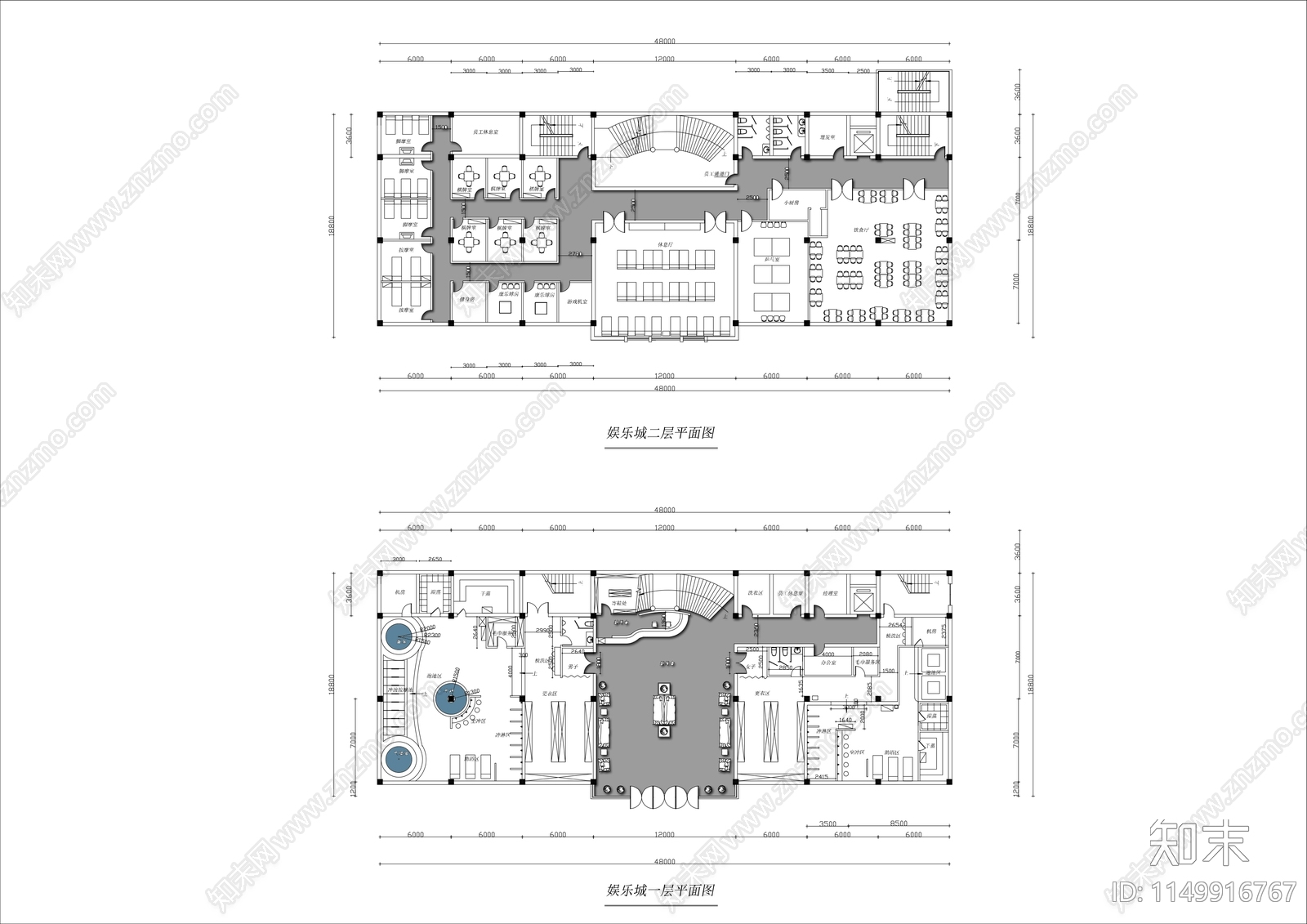 1600㎡两层洗浴娱乐中心平面布置图施工图下载【ID:1149916767】