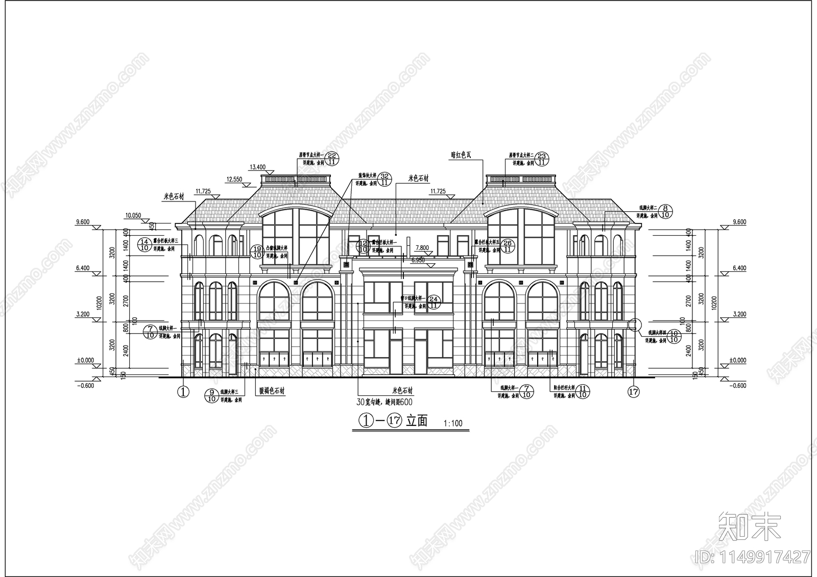 三层双拼别墅建筑cad施工图下载【ID:1149917427】