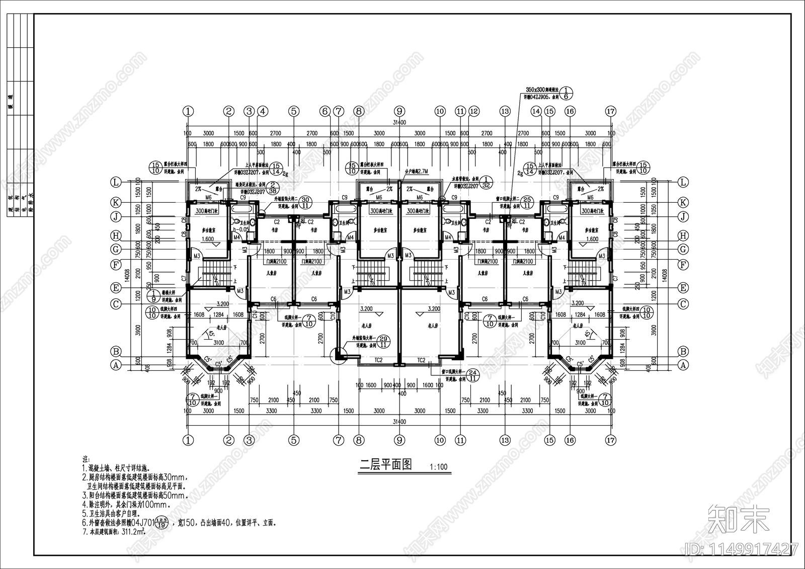 三层双拼别墅建筑cad施工图下载【ID:1149917427】