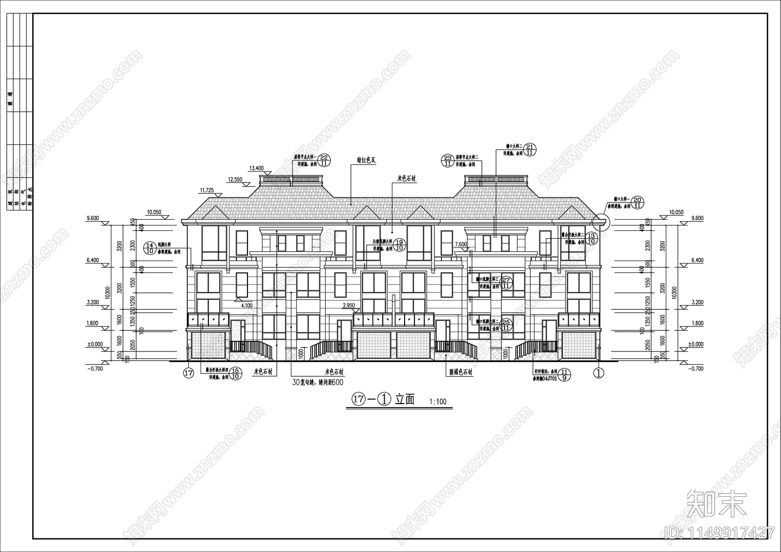 三层双拼别墅建筑cad施工图下载【ID:1149917427】