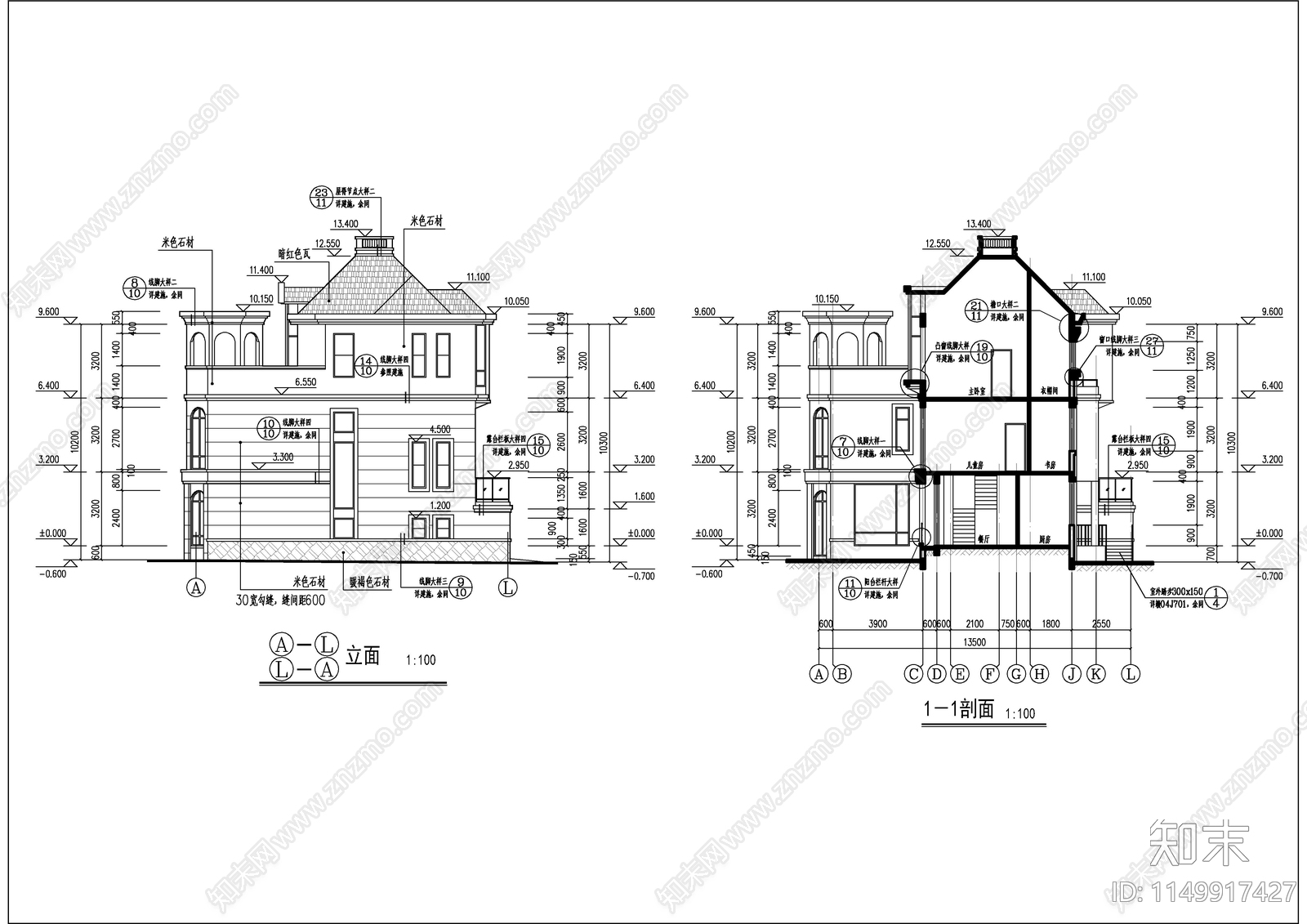 三层双拼别墅建筑cad施工图下载【ID:1149917427】