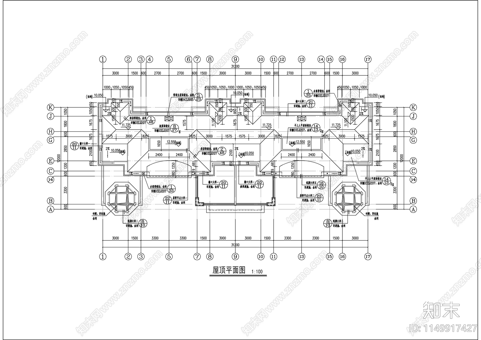 三层双拼别墅建筑cad施工图下载【ID:1149917427】